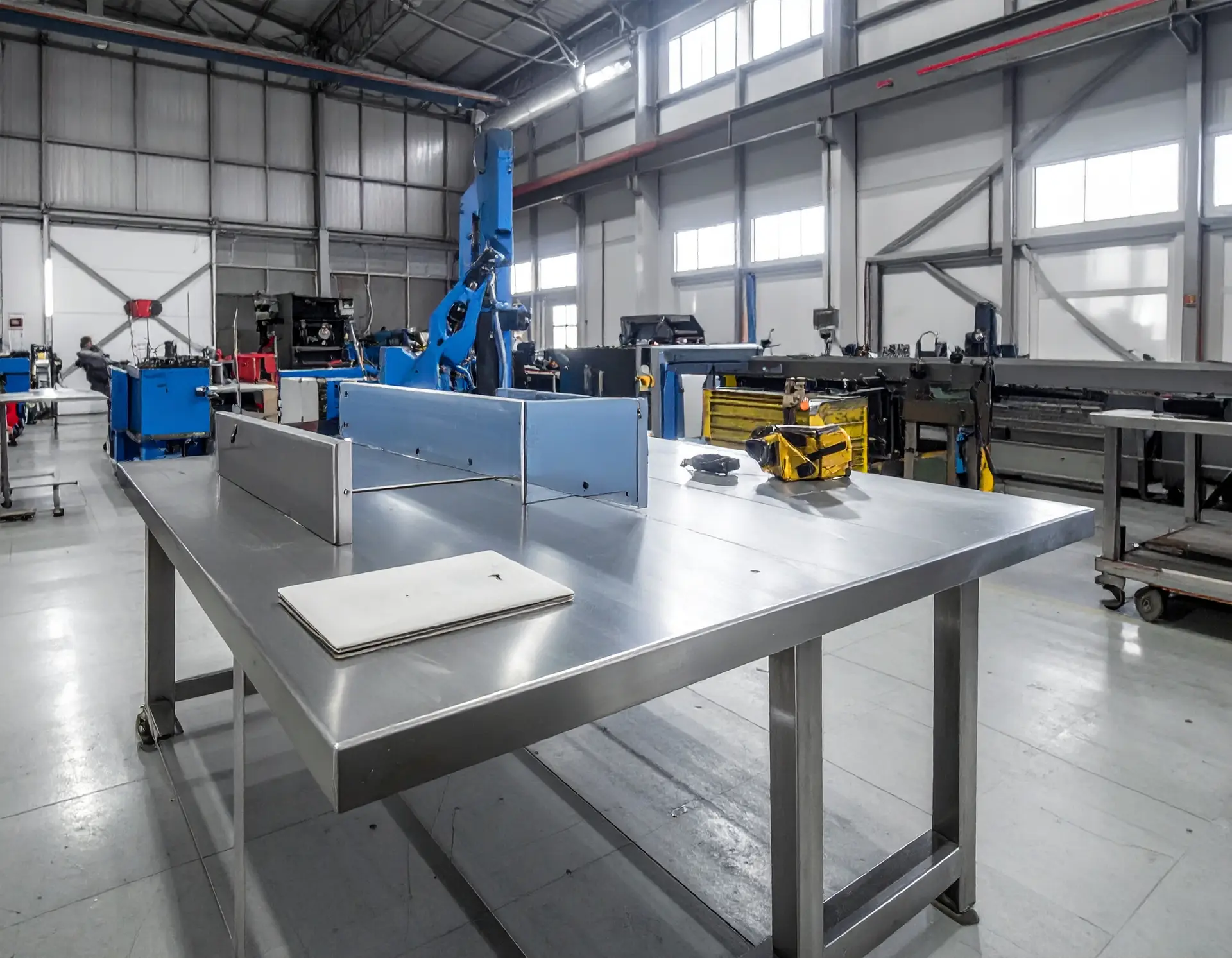 Firefly_Bancada metálica em aço inox - conjunto soldado em ambiente fabril 150371