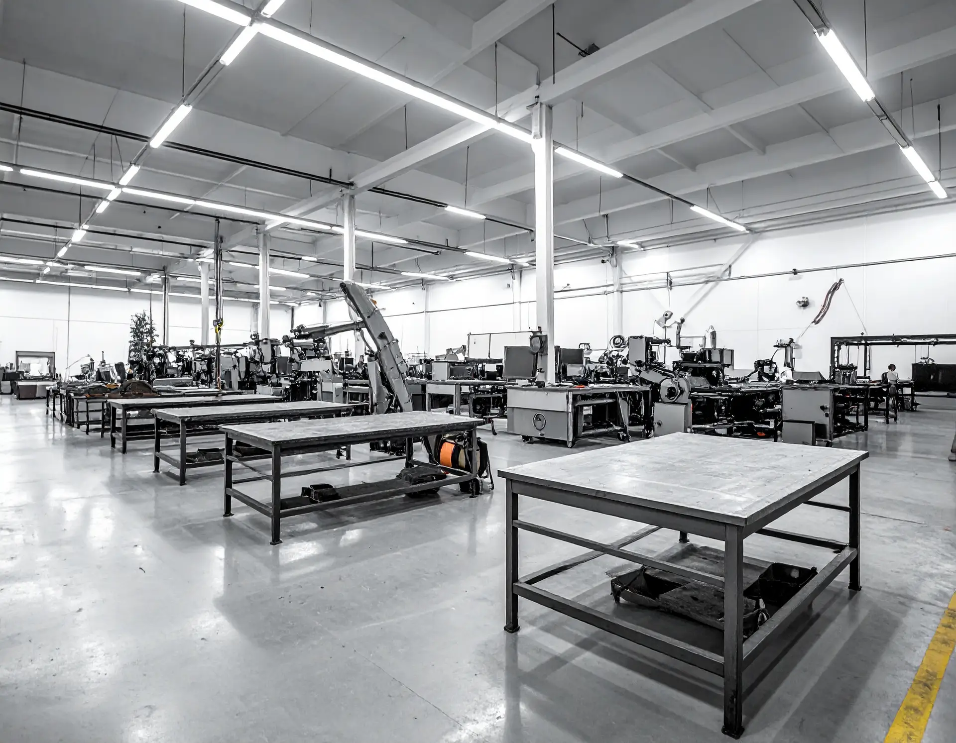 Firefly_foto de um ambiente industrial com mesas metalicas e maquinas mecanicas 248281